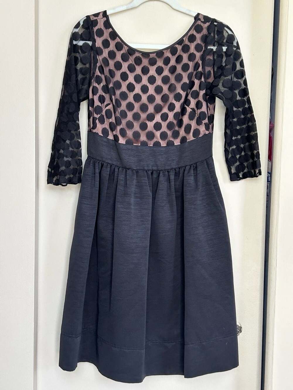 Eliza J Polka Dot Mesh Bodice Illusion Sleeve Fit and Flare Dress